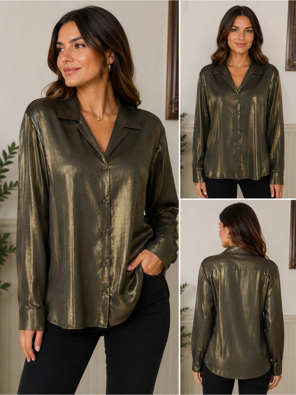 Vintage Jaclyn Smith Green Metallic Button-Up Blouse size 14